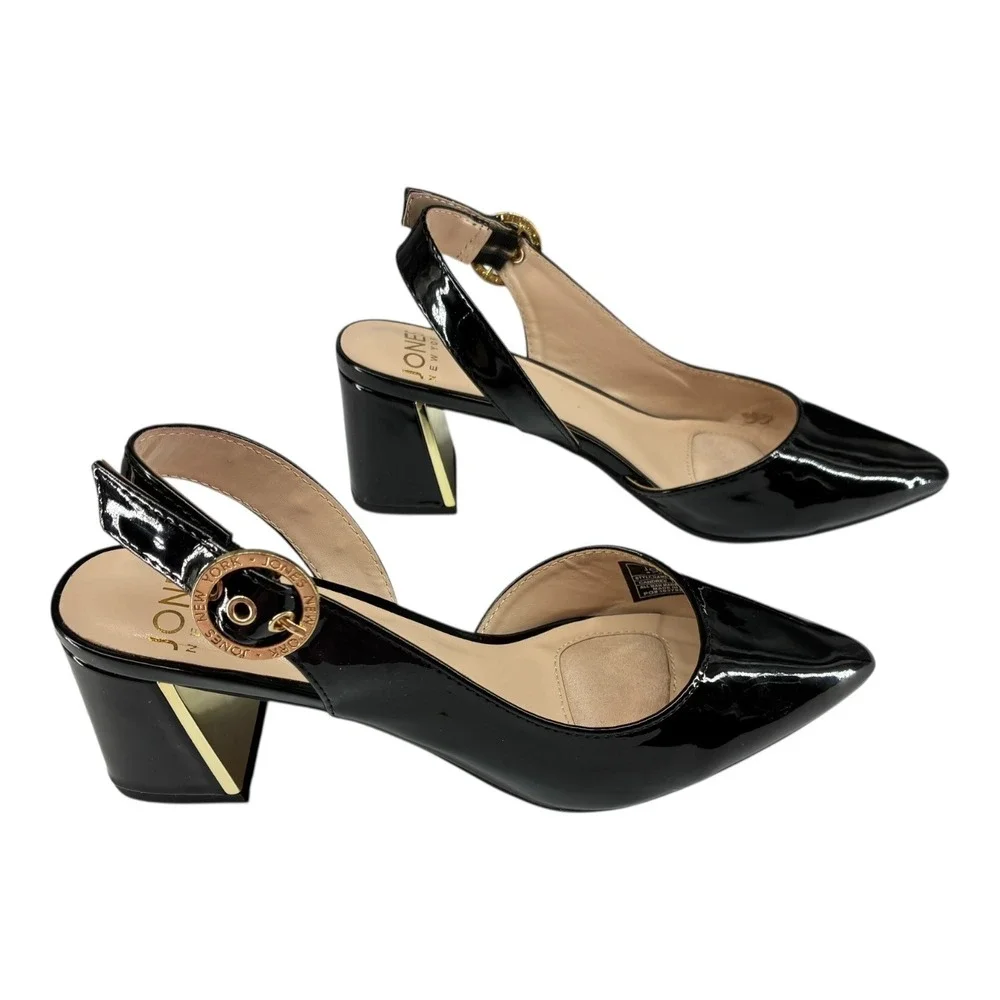 Jones New York Candree‎ Black Patent Slingback Block Heel Pumps Womens 6.5M